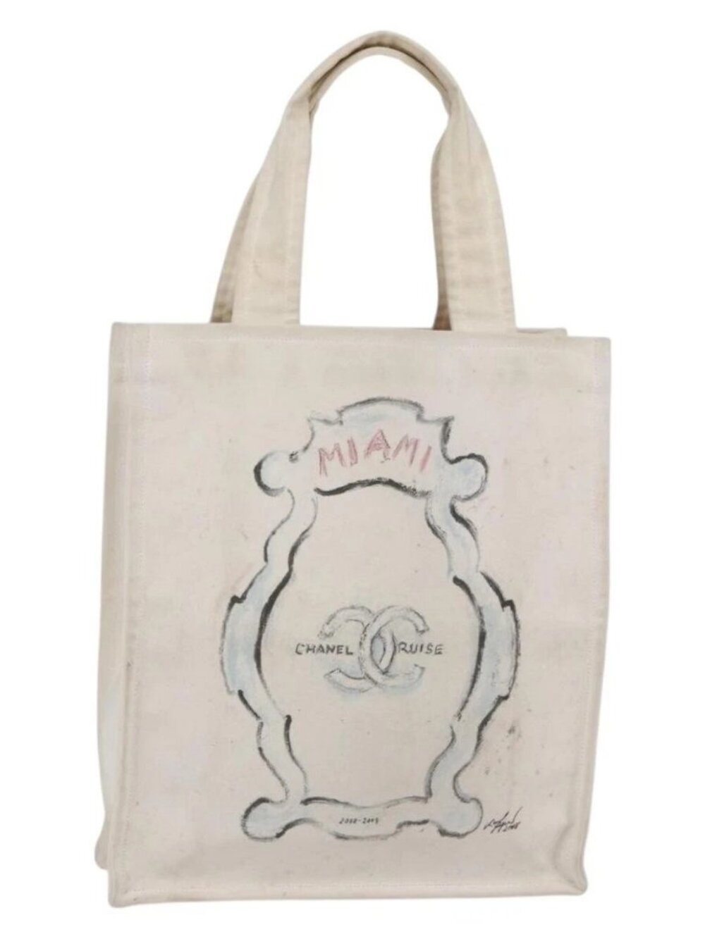 CHANEL Cruise line Miami Tote Bag Canvas Beige CC Auth 148315